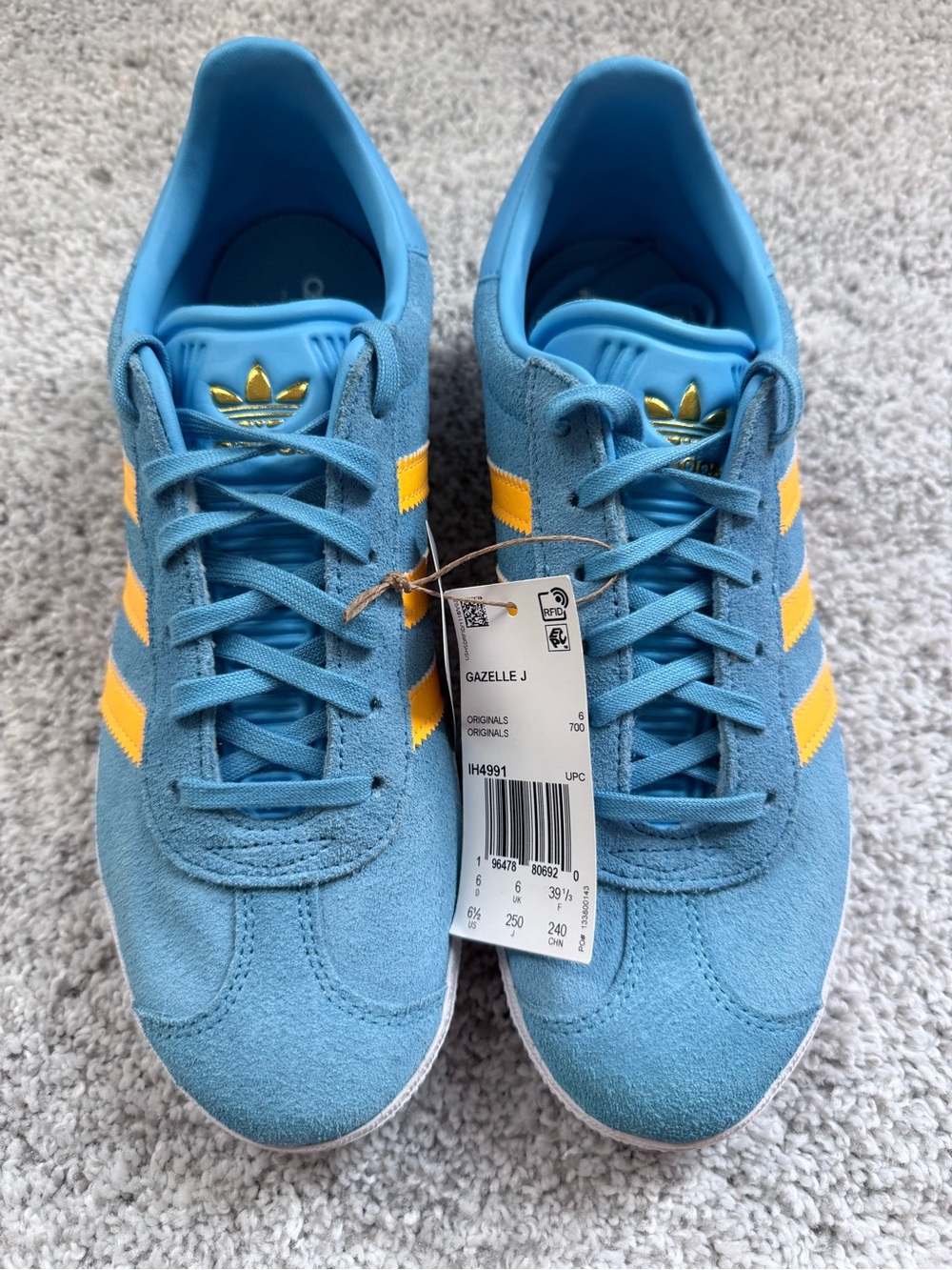 adidas womens Gazelle J Blue with Yellow Stripes Suede Sneakers